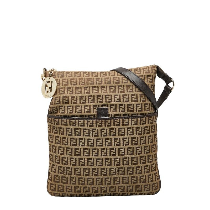 Fendi Zucchino Crossbody Shoulder Bag 8bt151 Beige Brown Canvas Leather Women