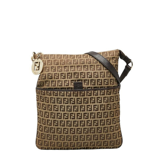 Fendi Zucchino Crossbody Shoulder Bag 8bt151 Beige Brown Canvas Leather Women