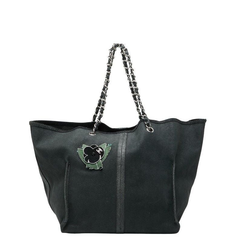 Chanel Camellia Chain Tote Bag Black Green Caviar Skin Women's Chanel