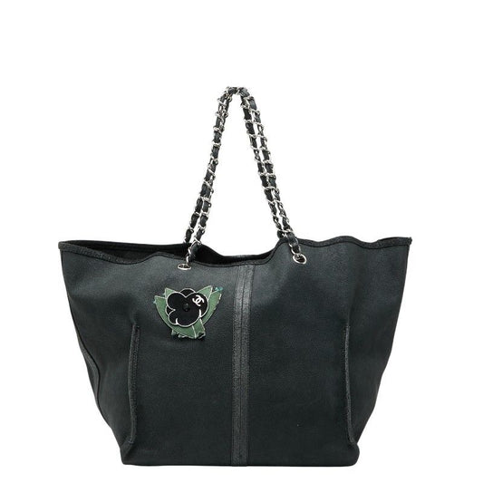Chanel Camellia Chain Tote Bag Black Green Caviar Skin Women's Chanel