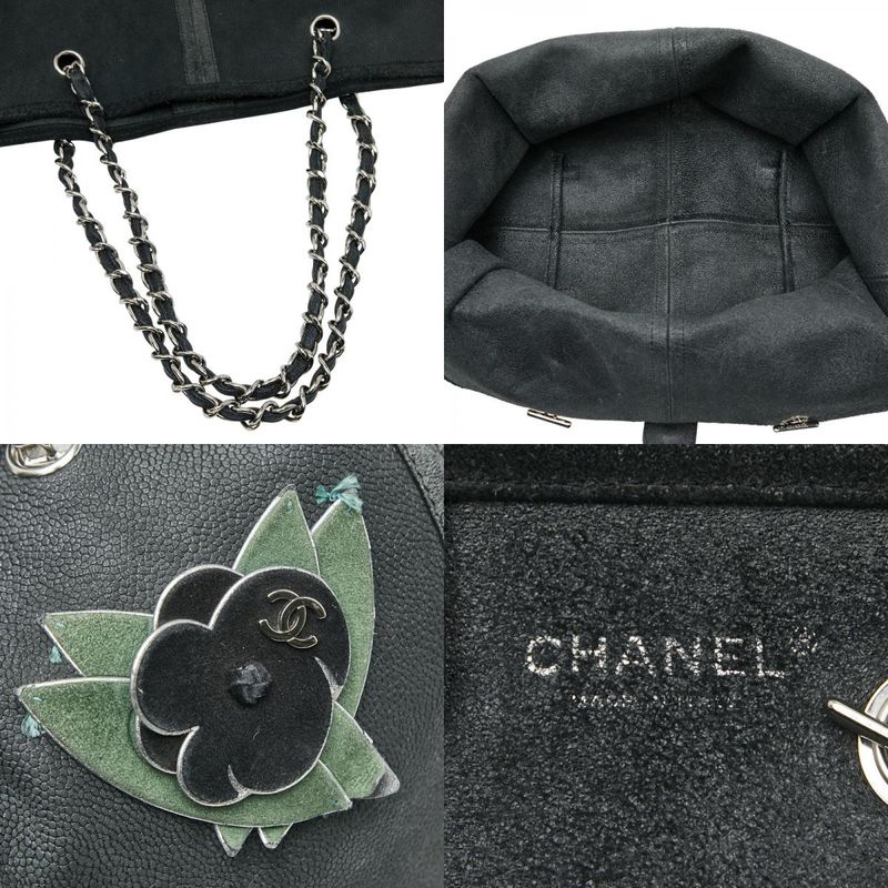 Chanel Camellia Chain Tote Bag Black Green Caviar Skin Women's Chanel