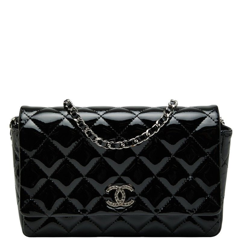 Chanel Matelasse Coco Mark Chain Wallet Shoulder Bag Black Patent Leather Women