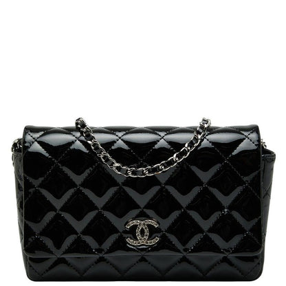 Chanel Matelasse Coco Mark Chain Wallet Shoulder Bag Black Patent Leather Women