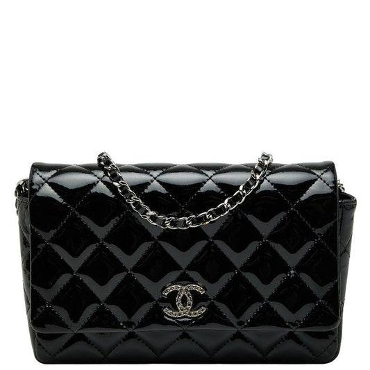 Chanel Matelasse Coco Mark Chain Wallet Shoulder Bag Black Patent Leather Women