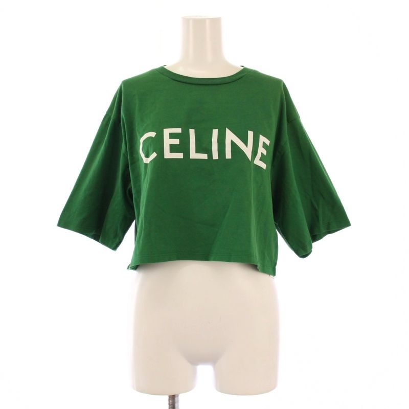 Celine Logo Cropped T-shirt Short Sleeve Crew Neck Short Length Print S Green