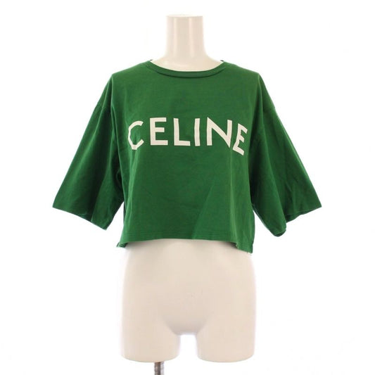 Celine Logo Cropped T-shirt Short Sleeve Crew Neck Short Length Print S Green