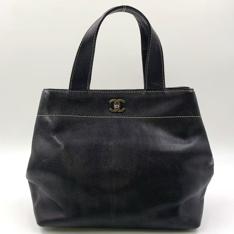 Chanel Coco Mark Caviar Skin Serial No 7 Caviar Skin Black Tote Bag Silver
