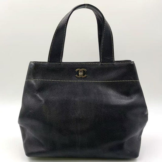 Chanel Coco Mark Caviar Skin Serial No 7 Caviar Skin Black Tote Bag Silver
