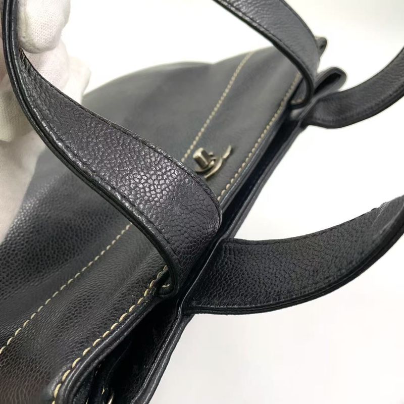 Chanel Coco Mark Caviar Skin Serial No 7 Caviar Skin Black Tote Bag Silver
