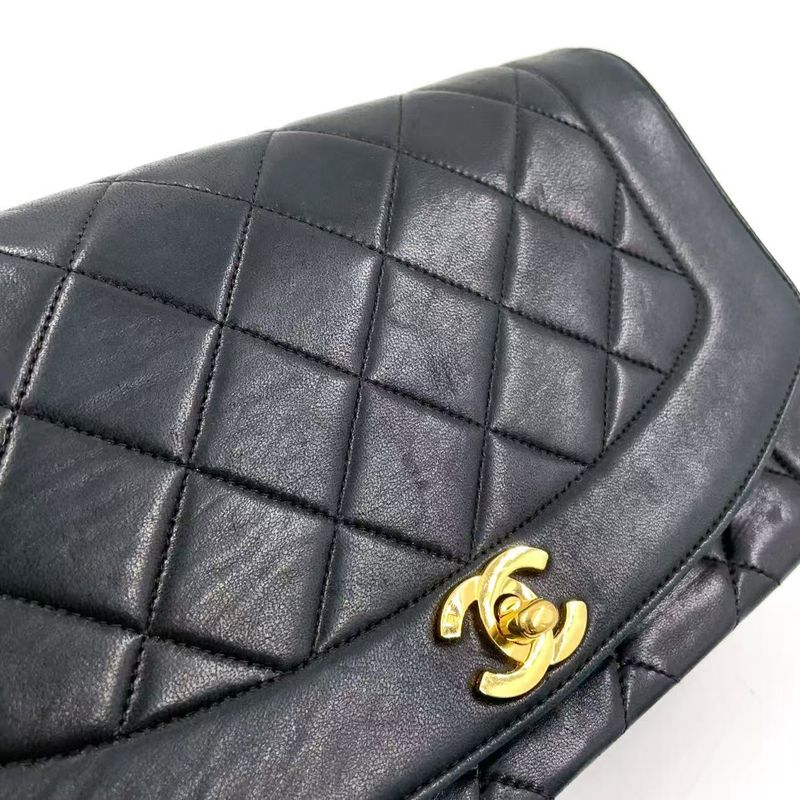 Chanel Diana Matelasse Serial Number Unknown Leather Black Shoulder Bag Gold