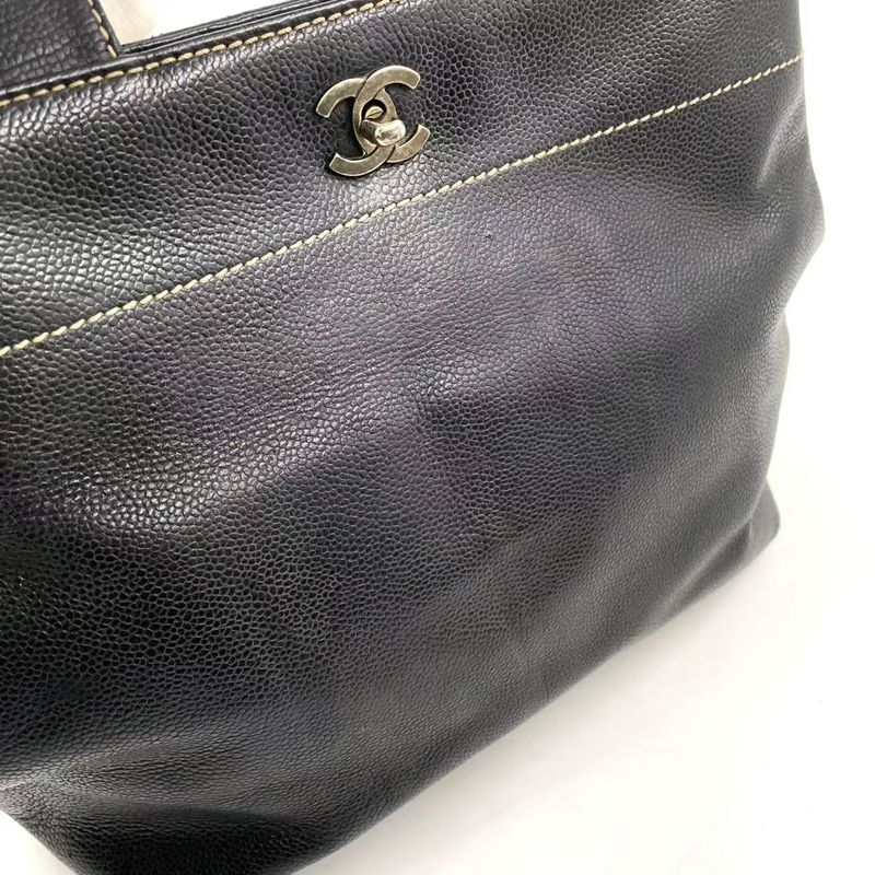 Chanel Coco Mark Caviar Skin Serial No 7 Caviar Skin Black Tote Bag Silver