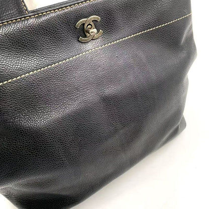 Chanel Coco Mark Caviar Skin Serial No 7 Caviar Skin Black Tote Bag Silver