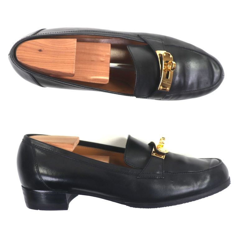 Hermes Gold Hardware Kelly Buckle Leather Shoes Loafers Black 40.5 Made In