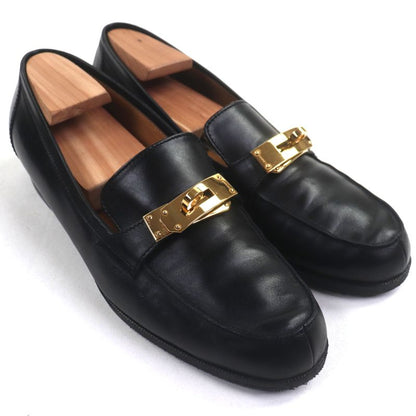 Hermes Gold Hardware Kelly Buckle Leather Shoes Loafers Black 40.5 Made In