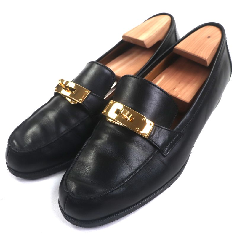 Hermes Gold Hardware Kelly Buckle Leather Shoes Loafers Black 40.5 Made In