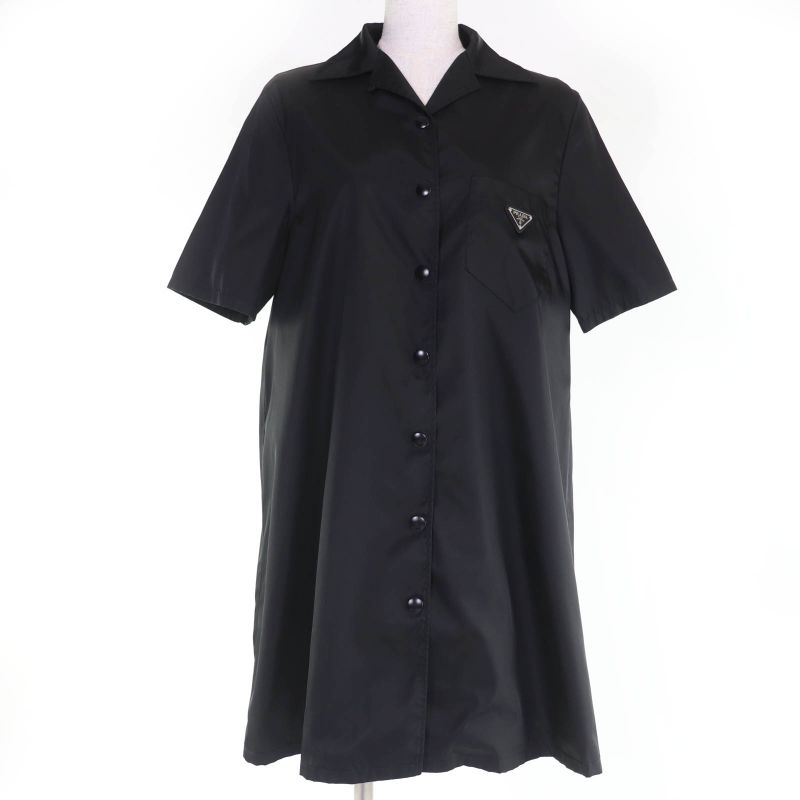 Prada 230619 Re-nylon Triangle Logo Plate Short Sleeve Shirt Dress Black 40