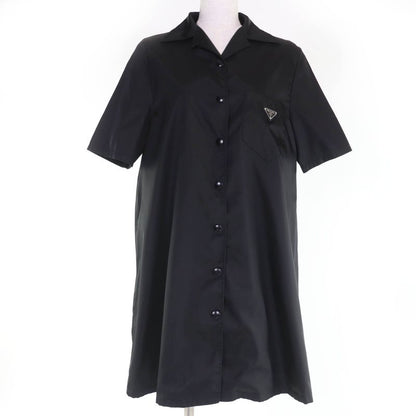 Prada 230619 Re-nylon Triangle Logo Plate Short Sleeve Shirt Dress Black 40