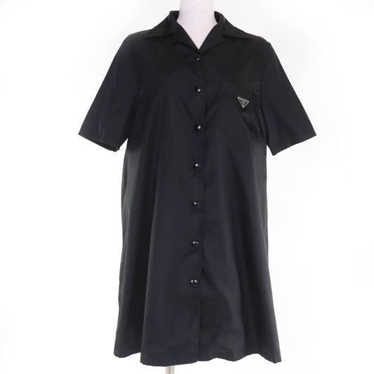 Prada 230619 Re-nylon Triangle Logo Plate Short Sleeve Shirt Dress Black 40