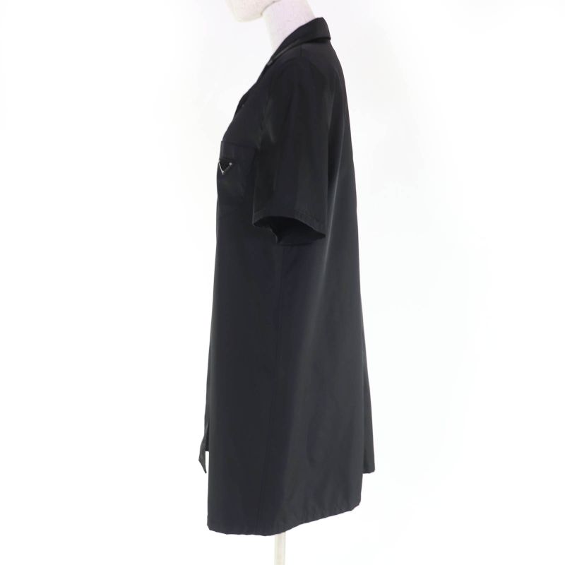Prada 230619 Re-nylon Triangle Logo Plate Short Sleeve Shirt Dress Black 40