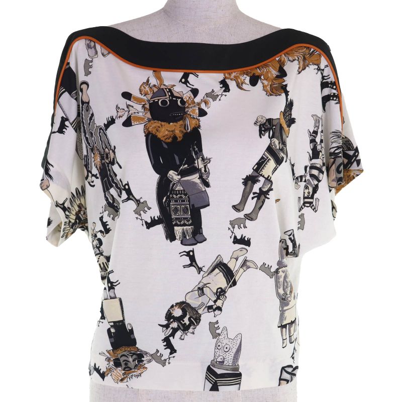 ◇hermes Kachinas 100% Cotton Ethnic Pattern Leather Use Boat Neck Short Sleeve
