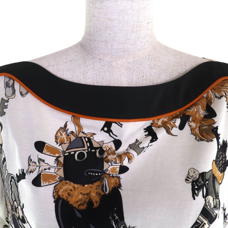 Hermes Kachinas 100% Cotton Ethnic Pattern Leather Use Boat Neck Short Sleeve