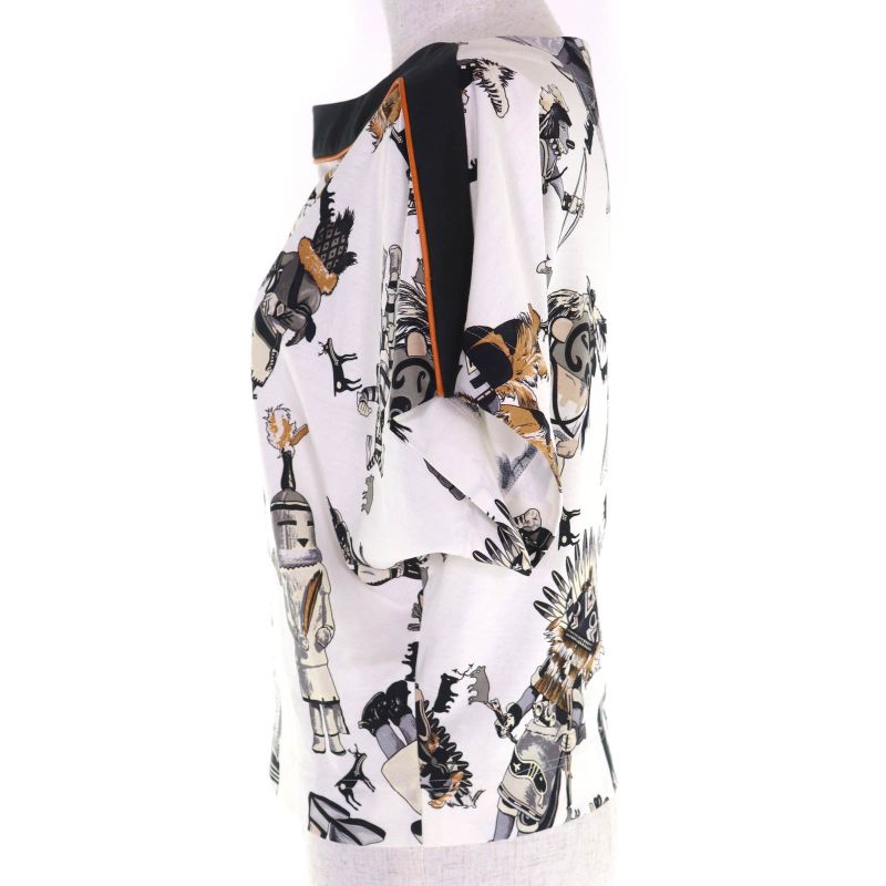 Hermes Kachinas 100% Cotton Ethnic Pattern Leather Use Boat Neck Short Sleeve