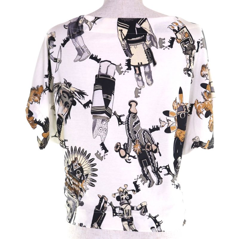 Hermes Kachinas 100% Cotton Ethnic Pattern Leather Use Boat Neck Short Sleeve