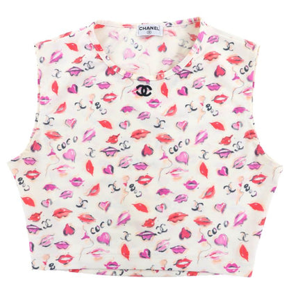 CHANEL Vintage Coco Mark Embroidery Lip Pattern Cropped Top Tank Top Off White