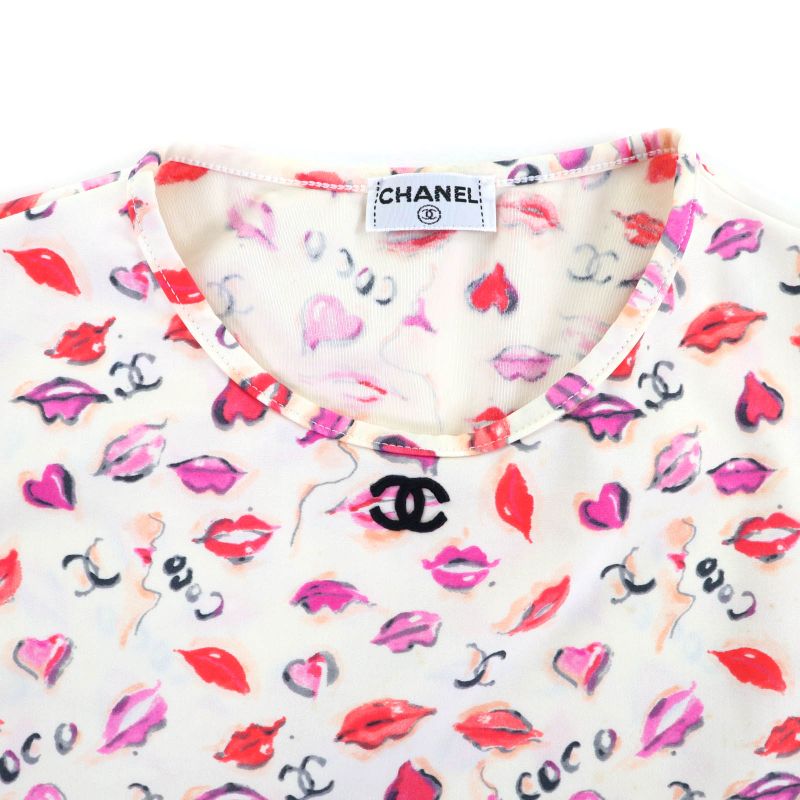 CHANEL Vintage Coco Mark Embroidery Lip Pattern Cropped Top Tank Top Off White