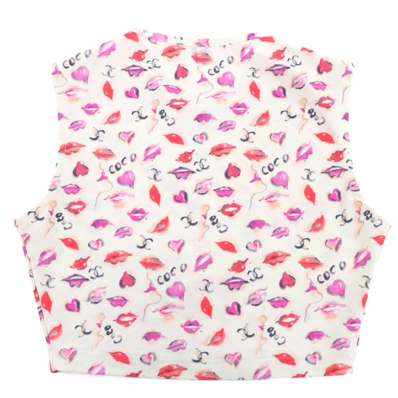 CHANEL Vintage Coco Mark Embroidery Lip Pattern Cropped Top Tank Top Off White