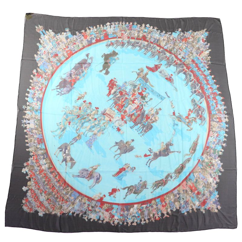 Hermes Cirque Molier Circus 100% Silk Noir/vert Eau/rouge Large Size Chiffon