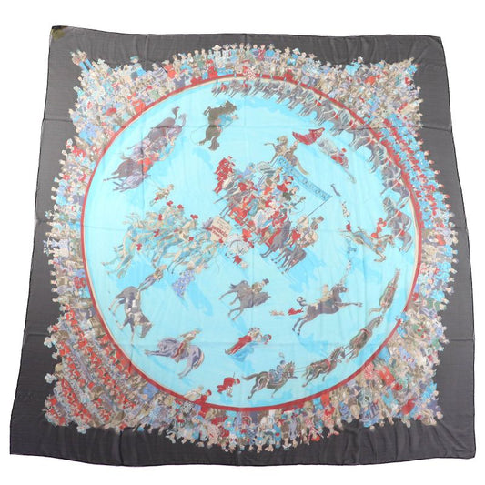 Hermes Cirque Molier Circus 100% Silk Noir/vert Eau/rouge Large Size Chiffon