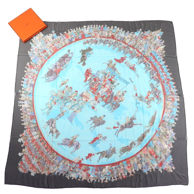 Hermes Cirque Molier Circus 100% Silk Noir/vert Eau/rouge Large Size Chiffon
