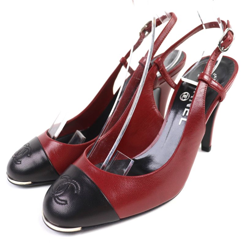 CHANEL G27344 Coco Mark Stitching Leather Su Ring Back Bicolor Pumps Redish