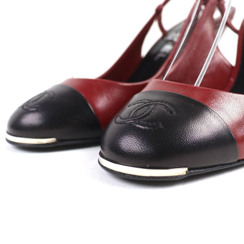 CHANEL G27344 Coco Mark Stitching Leather Su Ring Back Bicolor Pumps Redish