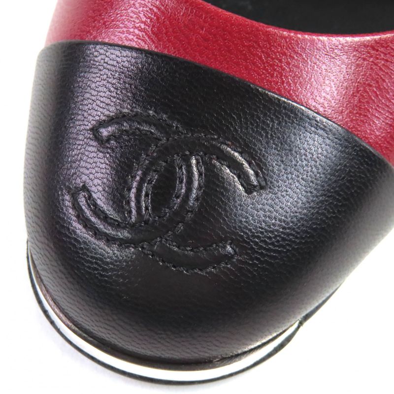 CHANEL G27344 Coco Mark Stitching Leather Su Ring Back Bicolor Pumps Redish