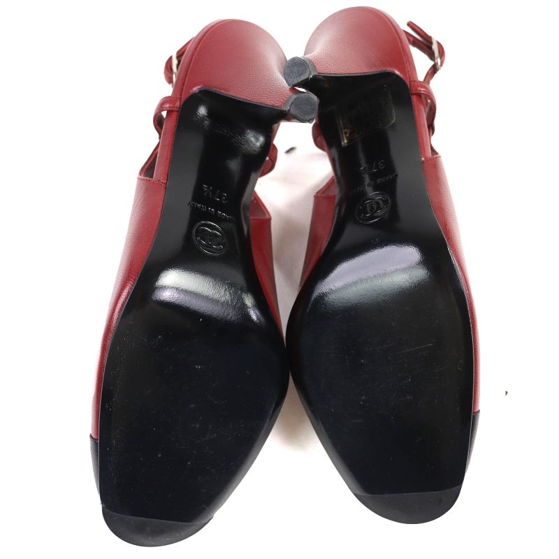 CHANEL G27344 Coco Mark Stitching Leather Su Ring Back Bicolor Pumps Redish