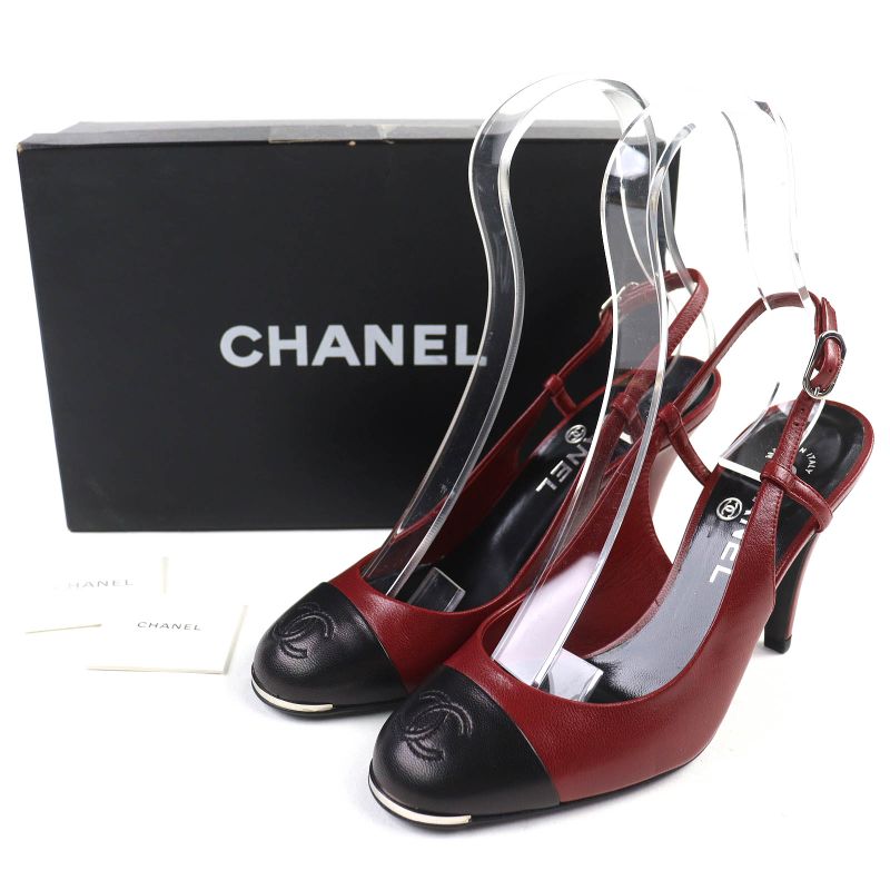 CHANEL G27344 Coco Mark Stitching Leather Su Ring Back Bicolor Pumps Redish