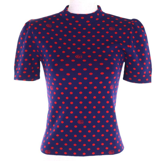 Gucci 623606 100% Wool Double G Dot Pattern Crewneck Short Sleeve Knit Navy