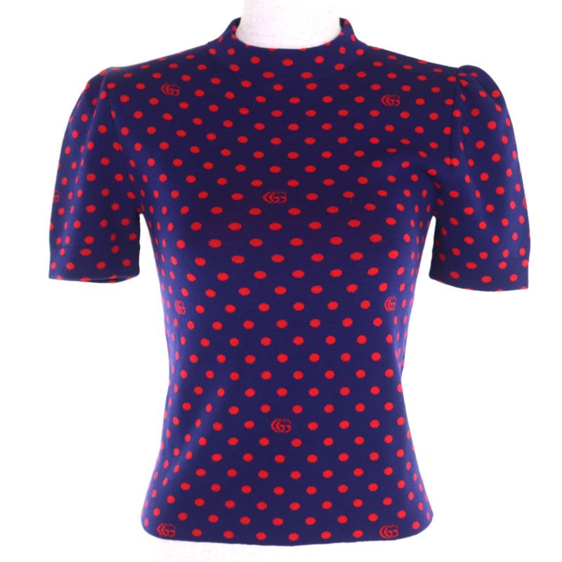 ◇gucci 623606 100% Wool Double G Dot Pattern Crewneck Short Sleeve Knit Navy