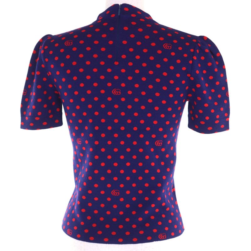 Gucci 623606 100% Wool Double G Dot Pattern Crewneck Short Sleeve Knit Navy