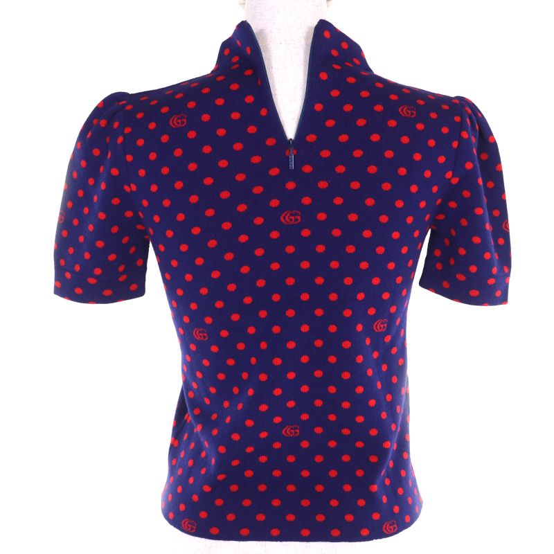 Gucci 623606 100% Wool Double G Dot Pattern Crewneck Short Sleeve Knit Navy