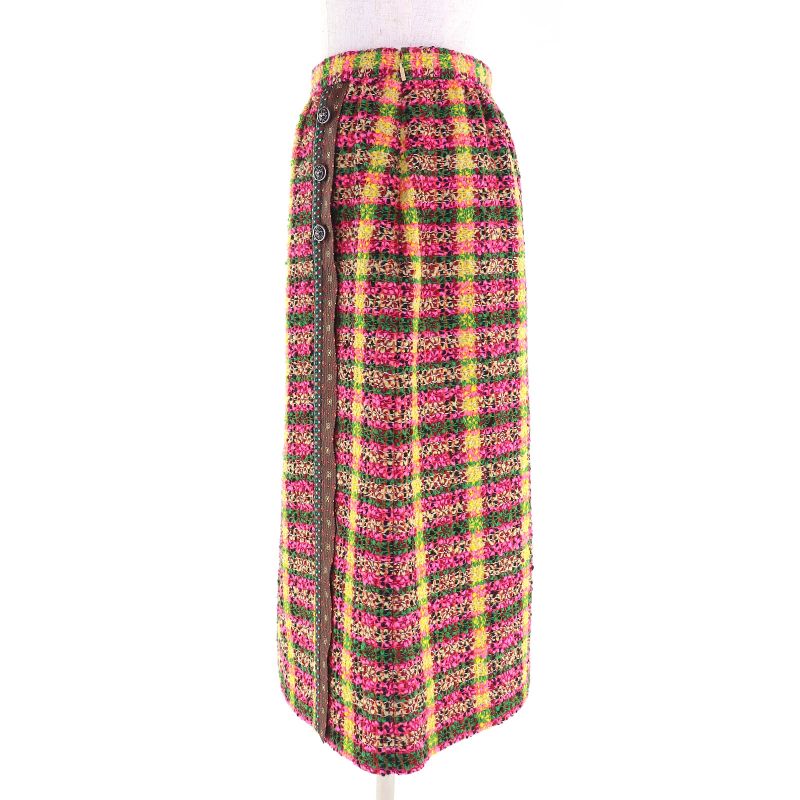 Gucci 596980 Partially 100% Silk Lion Buttons All-over Wool Tweed Long Skirt