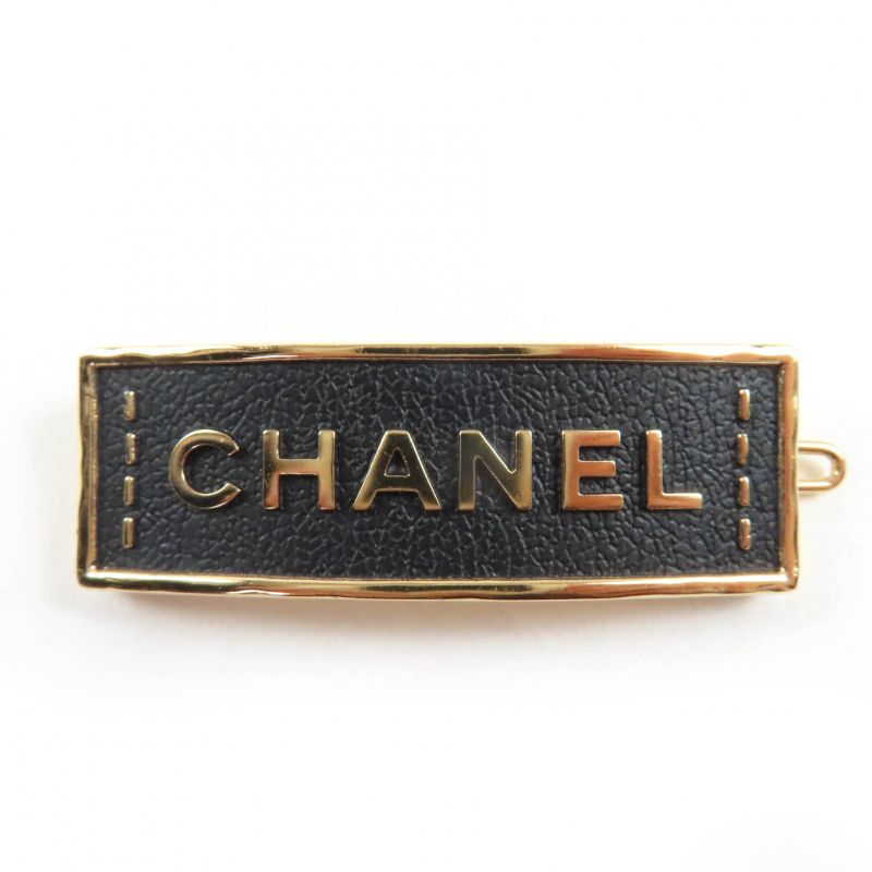 CHANEL A23S Aba781 Leather Metal Logo Design Hair Clip Barrette Hair Accessory