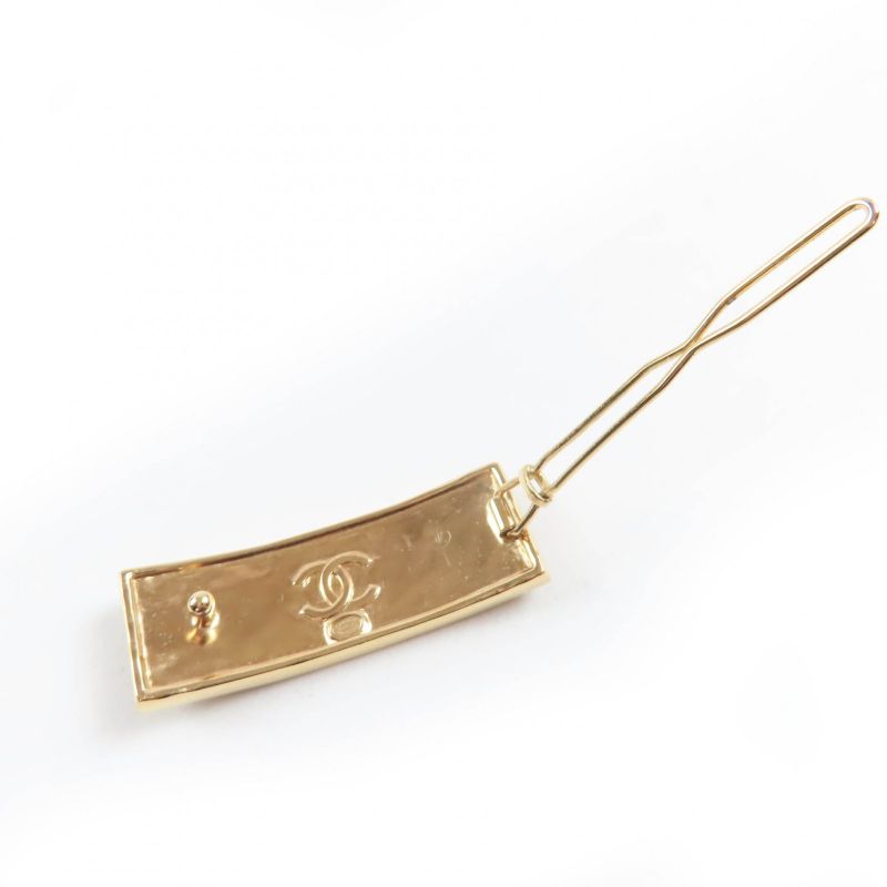 CHANEL A23S Aba781 Leather Metal Logo Design Hair Clip Barrette Hair Accessory