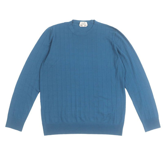 Hermes 100% Wool Plaid Round Neck Long Sleeves Knit Navy L Men's