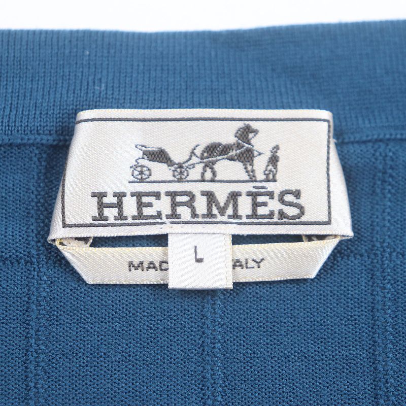 Hermes 100% Wool Plaid Round Neck Long Sleeves Knit Navy L Men's