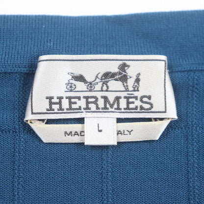 Hermes 100% Wool Plaid Round Neck Long Sleeves Knit Navy L Men's