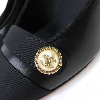 CHANEL G32920 Leather Coco Mark Round Toe Pumps With Faux Pearl Black Gold