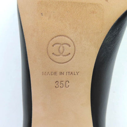 CHANEL G32920 Leather Coco Mark Round Toe Pumps With Faux Pearl Black Gold